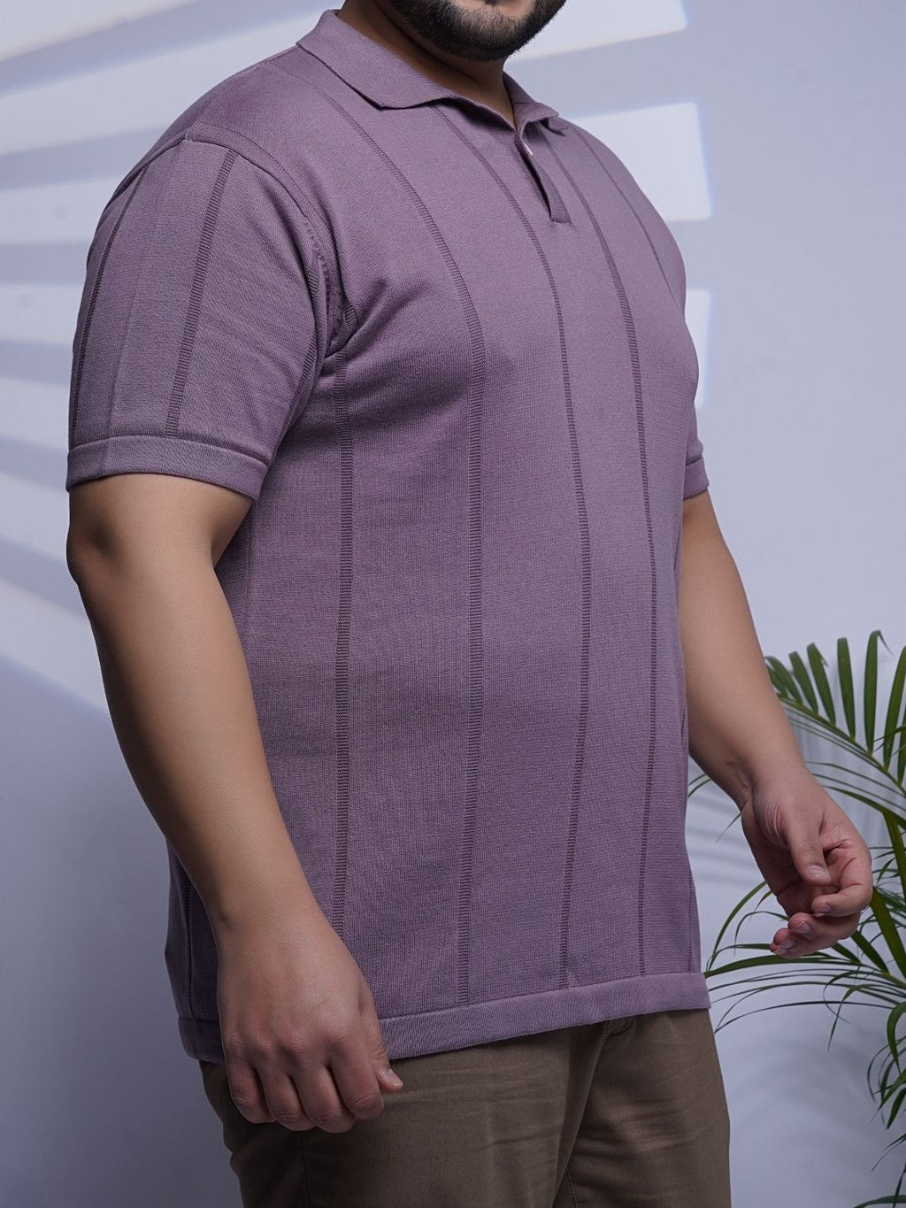 Flat Knit Half sleeve Polo Ribbed T Shirt - 125-Purple