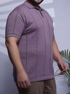 Flat Knit Half sleeve Polo Ribbed T Shirt - 125-Purple
