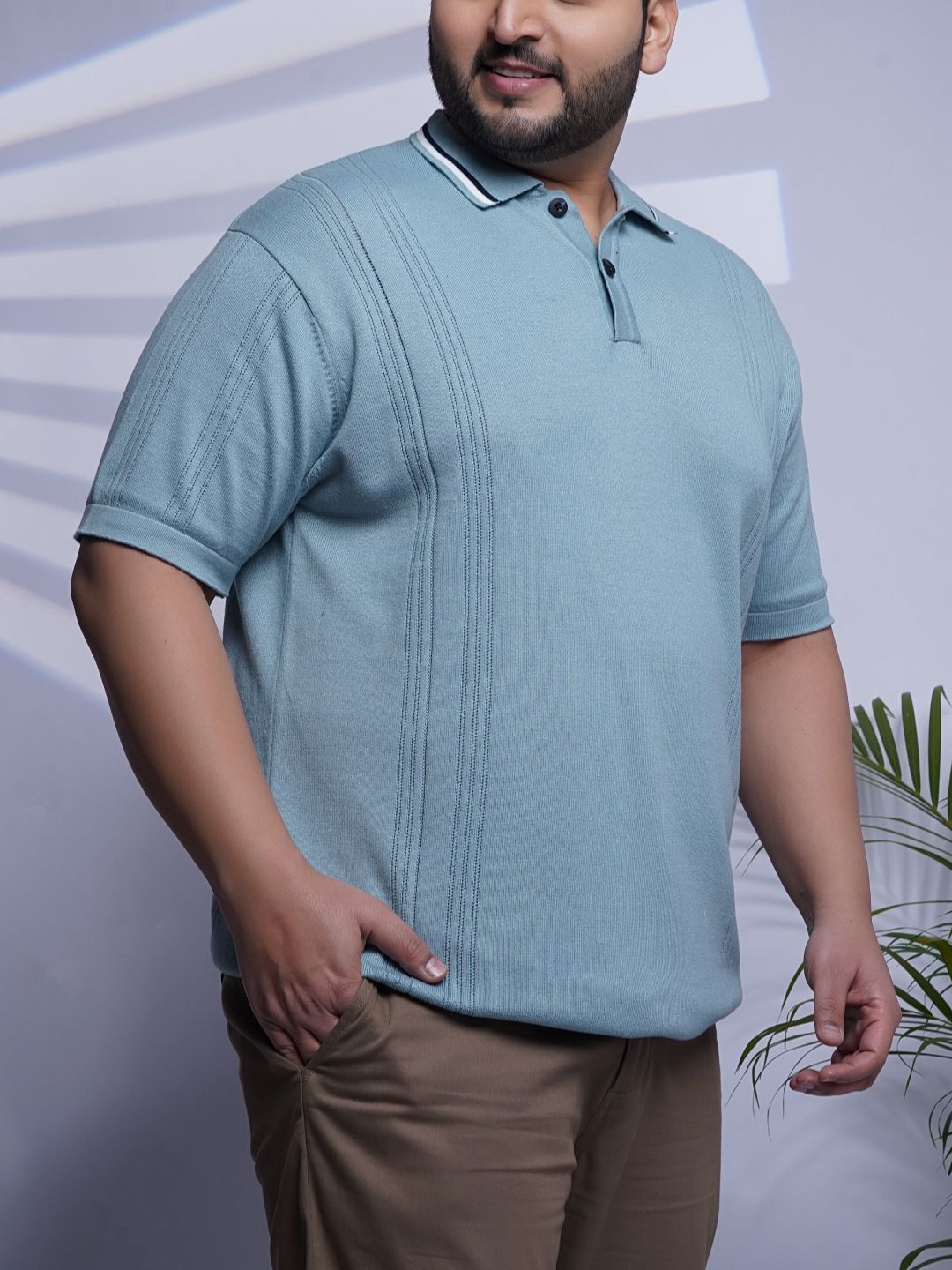 Flat Knit Half sleeve Polo Ribbed T Shirt - 127-Mint