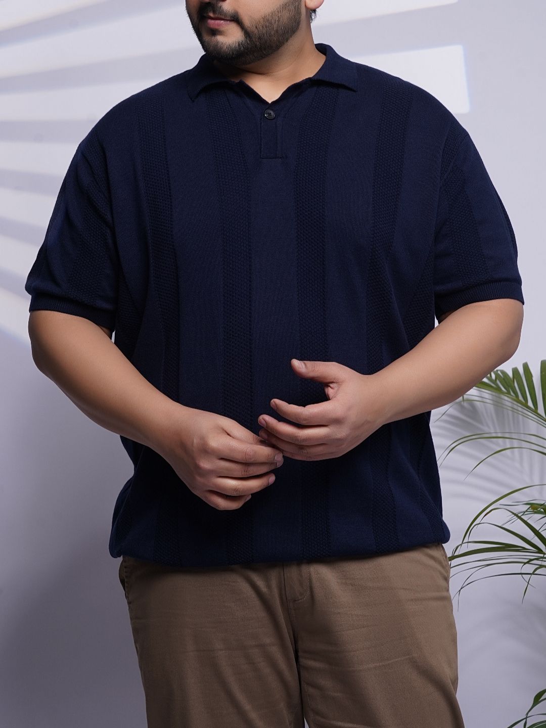 Flat Knit Half sleeve Polo Ribbed T Shirt - NC-Plus-125-Navy