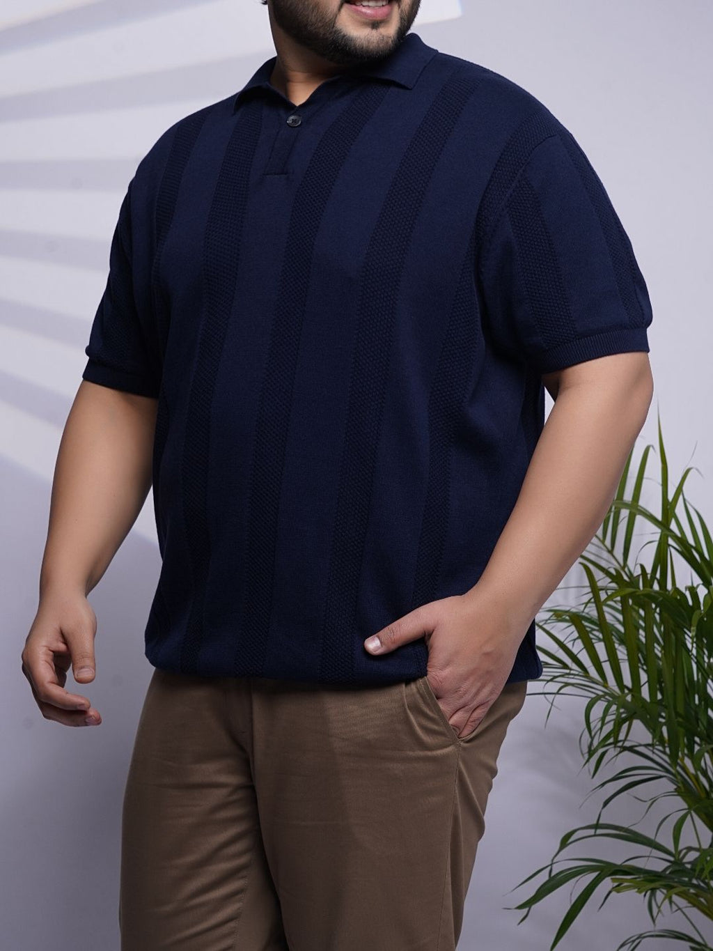 Flat Knit Half sleeve Polo Ribbed T Shirt - NC-Plus-125-Navy