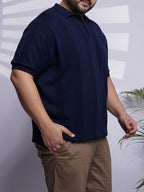 Flat Knit Half sleeve Polo Ribbed T Shirt - NC-Plus-125-Navy