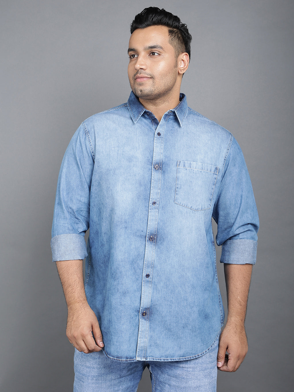 Plus Size Cotton Denim Shirt 1 Pocket Regular Fit Smart Casual Shirt - 2k21-ClousBlue