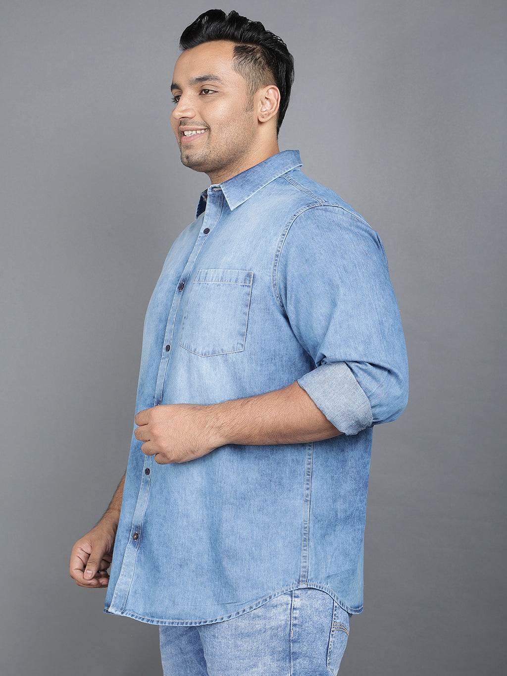 Plus Size Cotton Denim Shirt 1 Pocket Regular Fit Smart Casual Shirt - 2k21-ClousBlue