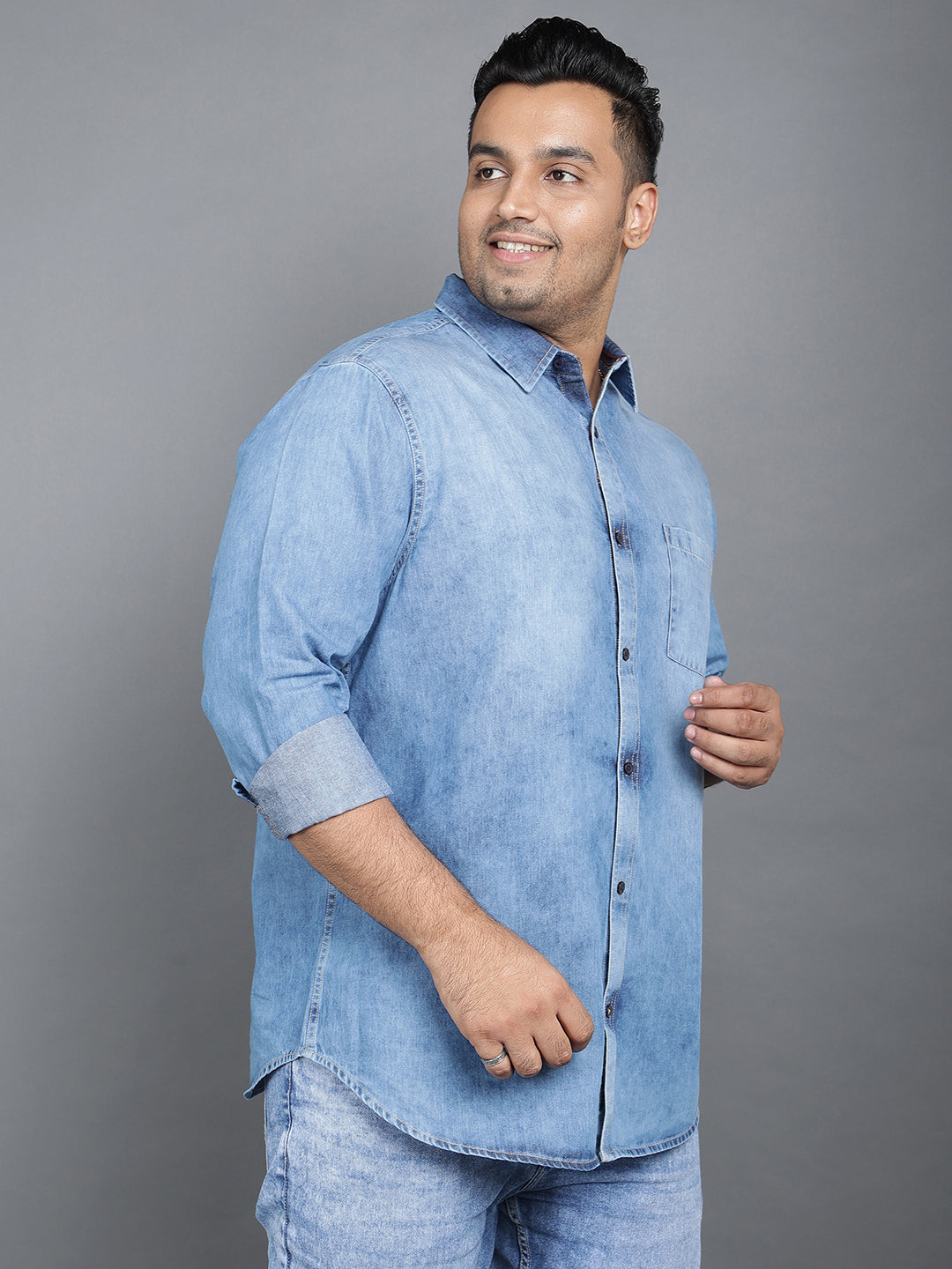 Plus Size Cotton Denim Shirt 1 Pocket Regular Fit Smart Casual Shirt - 2k21-ClousBlue