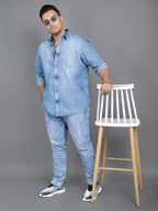Plus Size Cotton Denim Shirt 1 Pocket Regular Fit Smart Casual Shirt - 2k21-ClousBlue