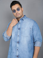 Plus Size Cotton Denim Shirt 1 Pocket Regular Fit Smart Casual Shirt - 2k21-ClousBlue