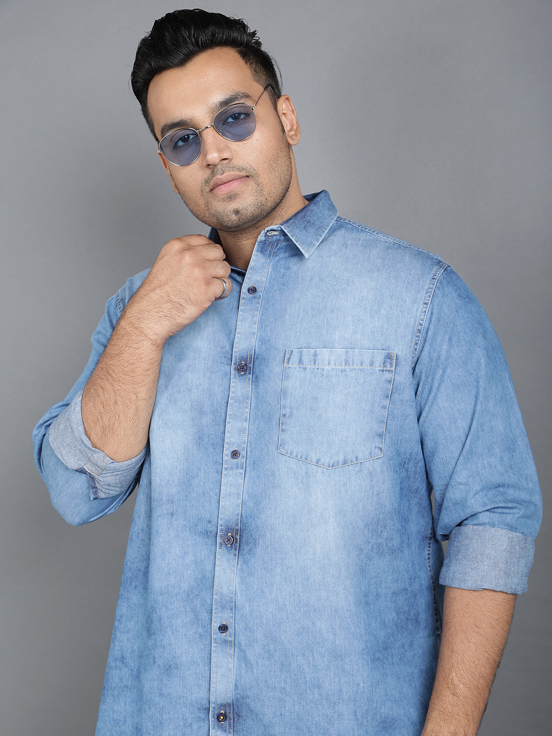Plus Size Cotton Denim Shirt 1 Pocket Regular Fit Smart Casual Shirt - 2k21-ClousBlue