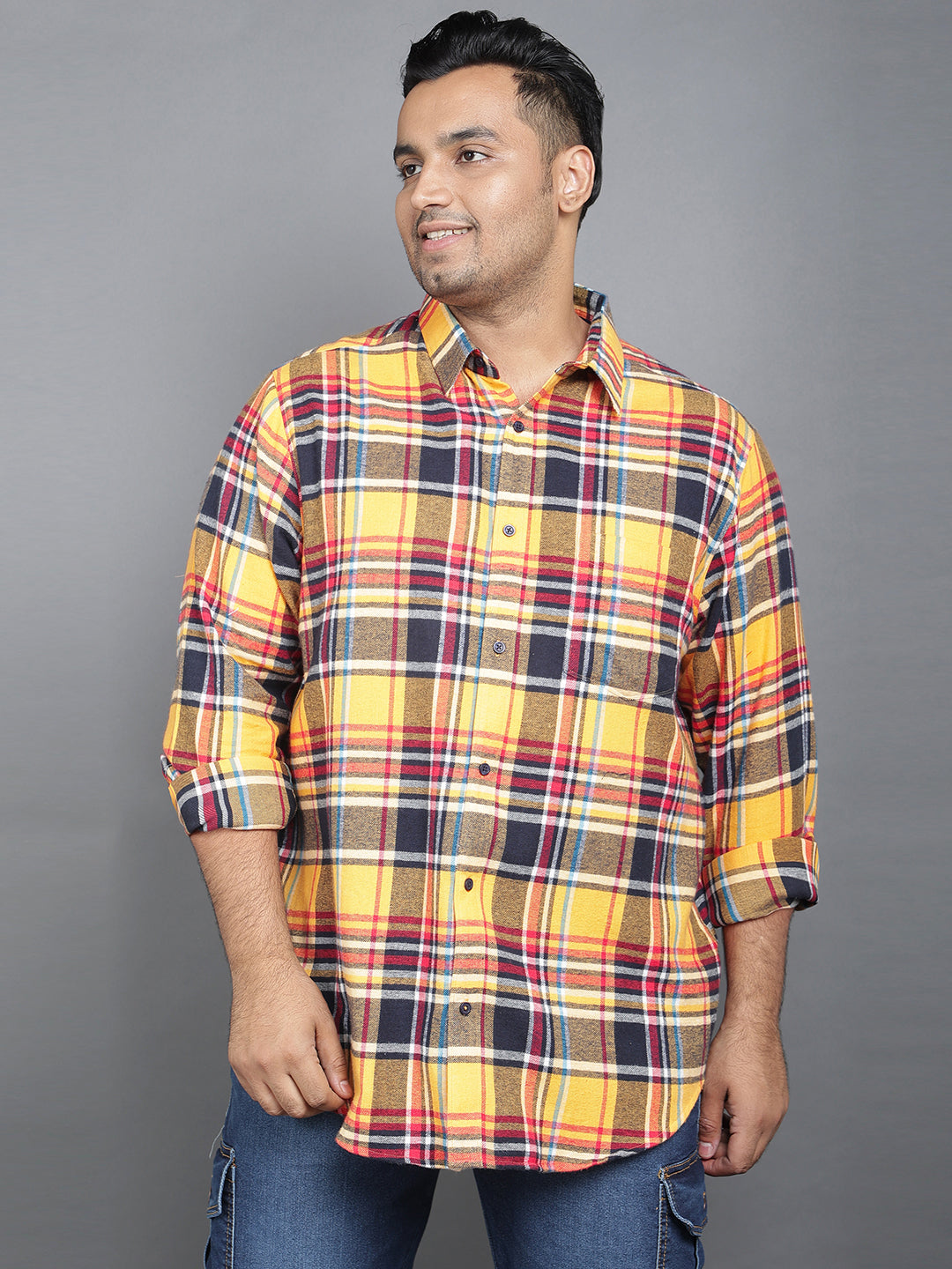 Plus Size Brushed Pure Cotton Regular Fit Checked One Pocket Smart Casual Long Sleeve Shirt NC-FS-2K51