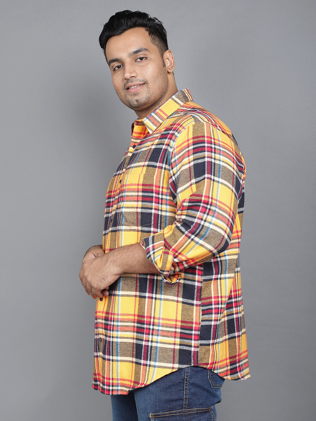 Plus Size Brushed Pure Cotton Regular Fit Checked One Pocket Smart Casual Long Sleeve Shirt NC-FS-2K51