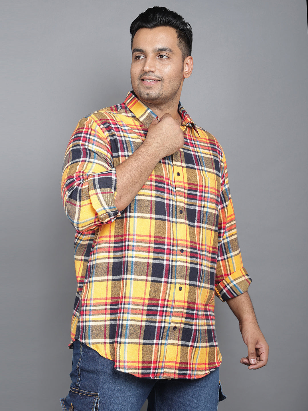 Plus Size Brushed Pure Cotton Regular Fit Checked One Pocket Smart Casual Long Sleeve Shirt NC-FS-2K51