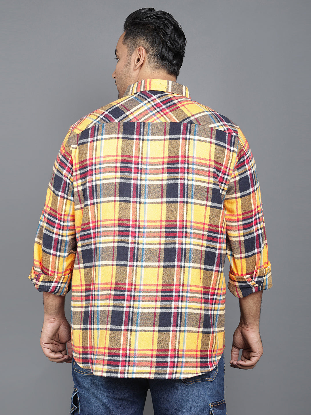 Plus Size Brushed Pure Cotton Regular Fit Checked One Pocket Smart Casual Long Sleeve Shirt NC-FS-2K51