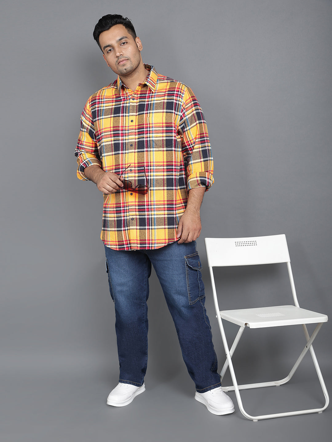 Plus Size Brushed Pure Cotton Regular Fit Checked One Pocket Smart Casual Long Sleeve Shirt NC-FS-2K51