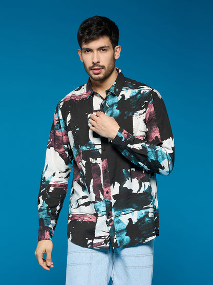 Men Black Printed Long Sleeve Cotton Casual Shirt