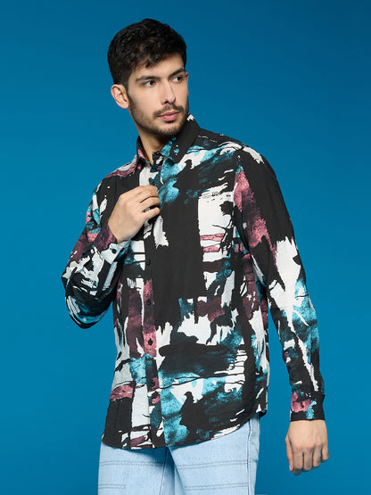 Men Black Printed Long Sleeve Cotton Casual Shirt