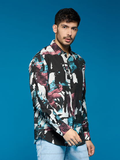 Men Black Printed Long Sleeve Cotton Casual Shirt