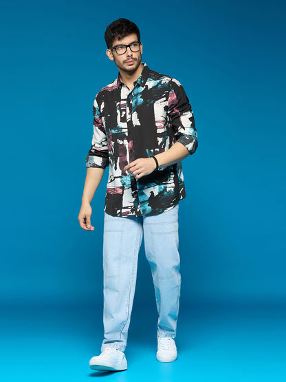 Men Black Printed Long Sleeve Cotton Casual Shirt