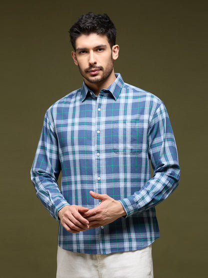 Men Blue Grey 1 Pocket Checkered Long Sleeve Cotton Regular Fit Casual Shirt