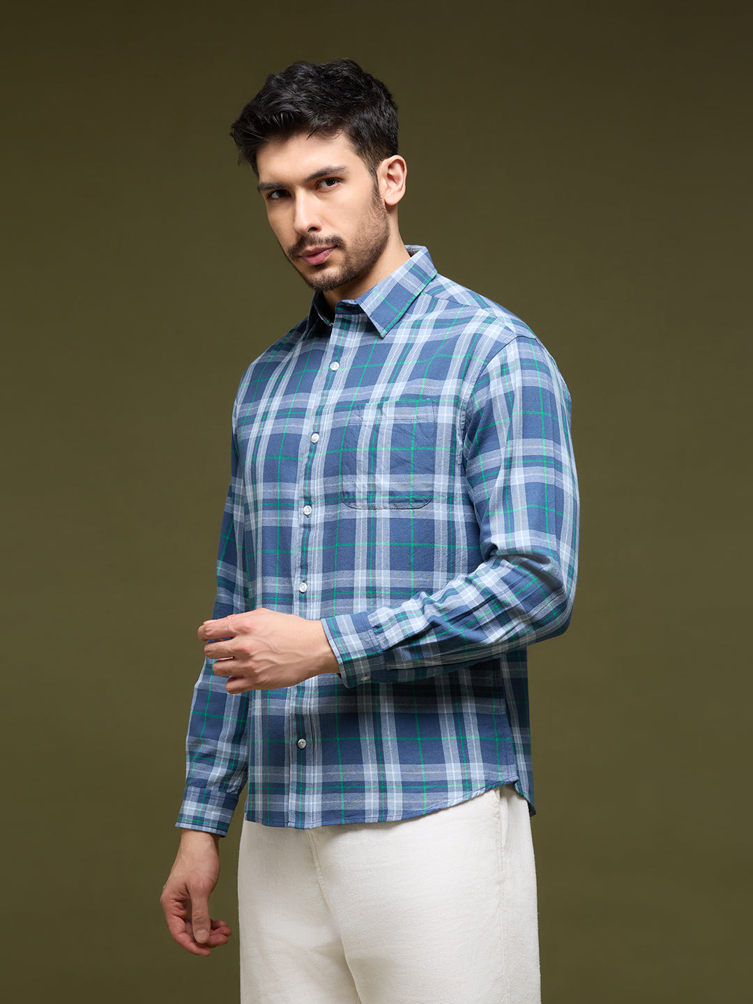 Men Blue Grey 1 Pocket Checkered Long Sleeve Cotton Regular Fit Casual Shirt