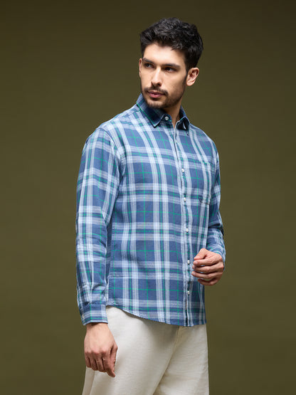 Men Blue Grey 1 Pocket Checkered Long Sleeve Cotton Regular Fit Casual Shirt