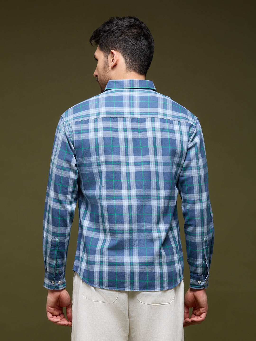 Men Blue Grey 1 Pocket Checkered Long Sleeve Cotton Regular Fit Casual Shirt