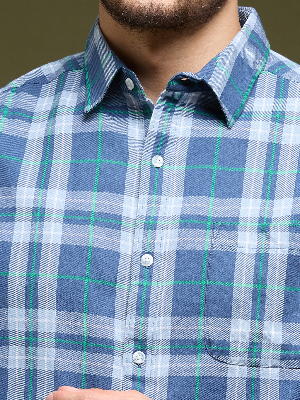 Men Blue Grey 1 Pocket Checkered Long Sleeve Cotton Regular Fit Casual Shirt