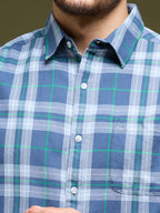 Men Blue Grey 1 Pocket Checkered Long Sleeve Cotton Regular Fit Casual Shirt
