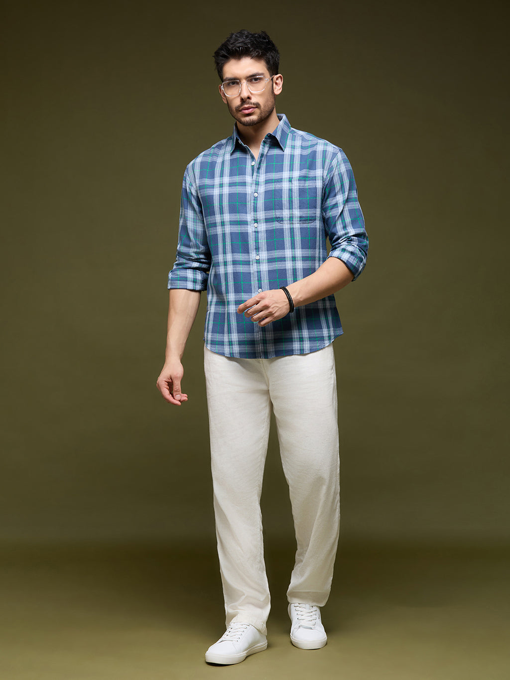 Men Blue Grey 1 Pocket Checkered Long Sleeve Cotton Regular Fit Casual Shirt