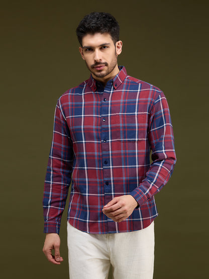 Men Navy Blue 1 Pocket Checkered Long Sleeve Cotton Regular Fit Casual Shirt