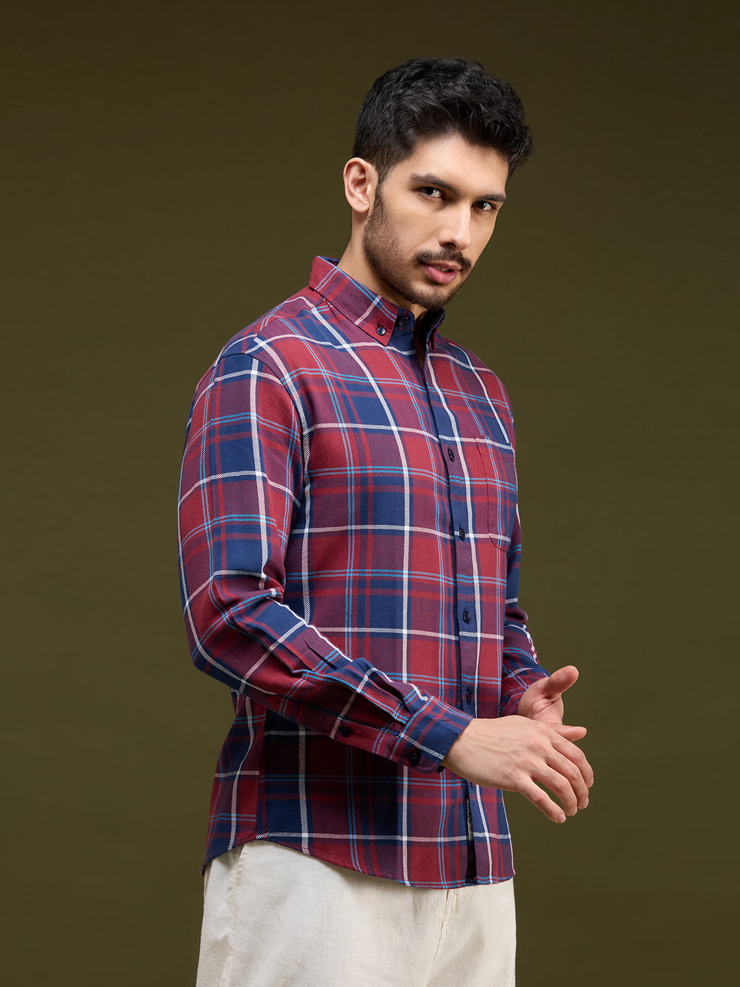 Men Navy Blue 1 Pocket Checkered Long Sleeve Cotton Regular Fit Casual Shirt- Style- 1111-Navy