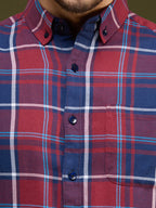 Men Navy Blue 1 Pocket Checkered Long Sleeve Cotton Regular Fit Casual Shirt- Style- 1111-Navy