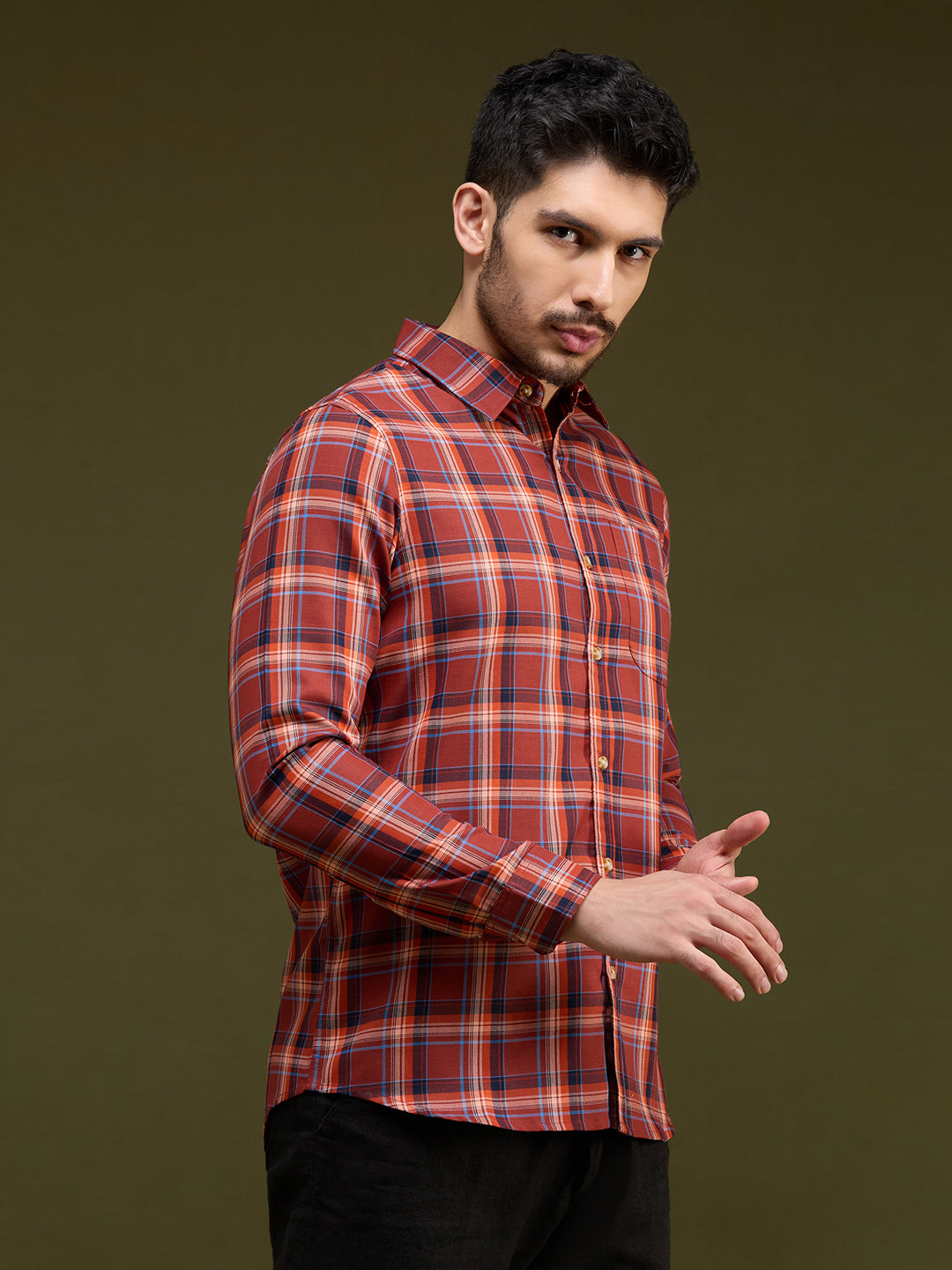 Men Rust Blue 1 Pocket Checkered Long Sleeve Cotton Plus Regular Fit Casual Shirt