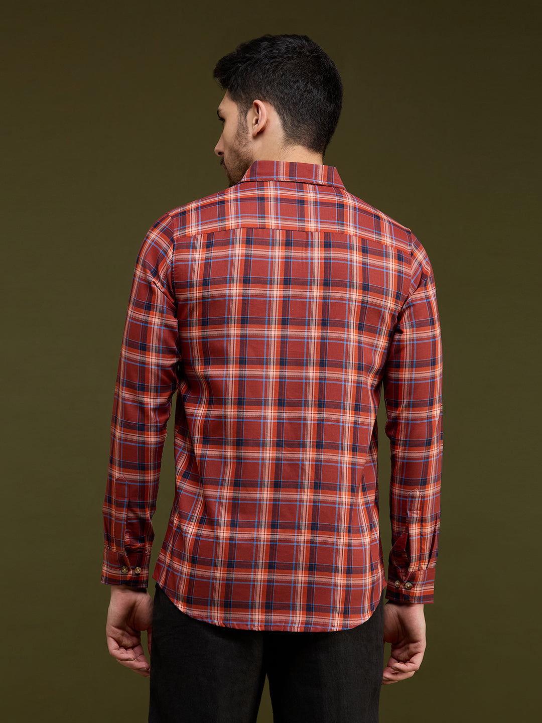 Men Rust Blue 1 Pocket Checkered Long Sleeve Cotton Plus Regular Fit Casual Shirt