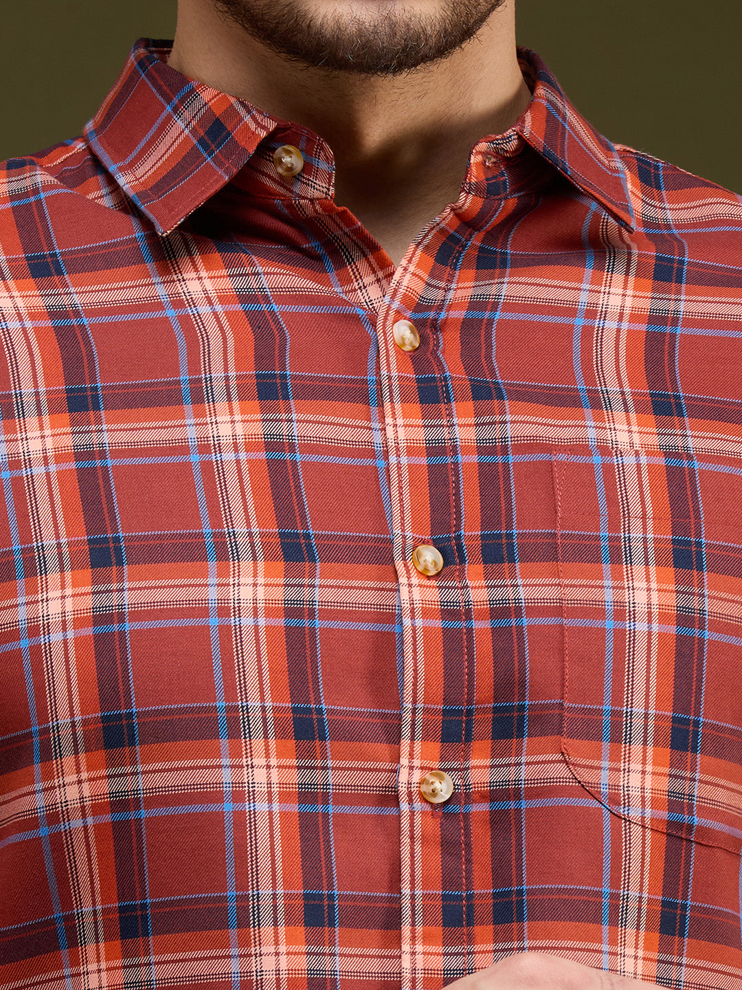 Men Rust Blue 1 Pocket Checkered Long Sleeve Cotton Plus Regular Fit Casual Shirt