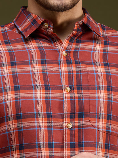 Men Rust Blue 1 Pocket Checkered Long Sleeve Cotton Plus Regular Fit Casual Shirt