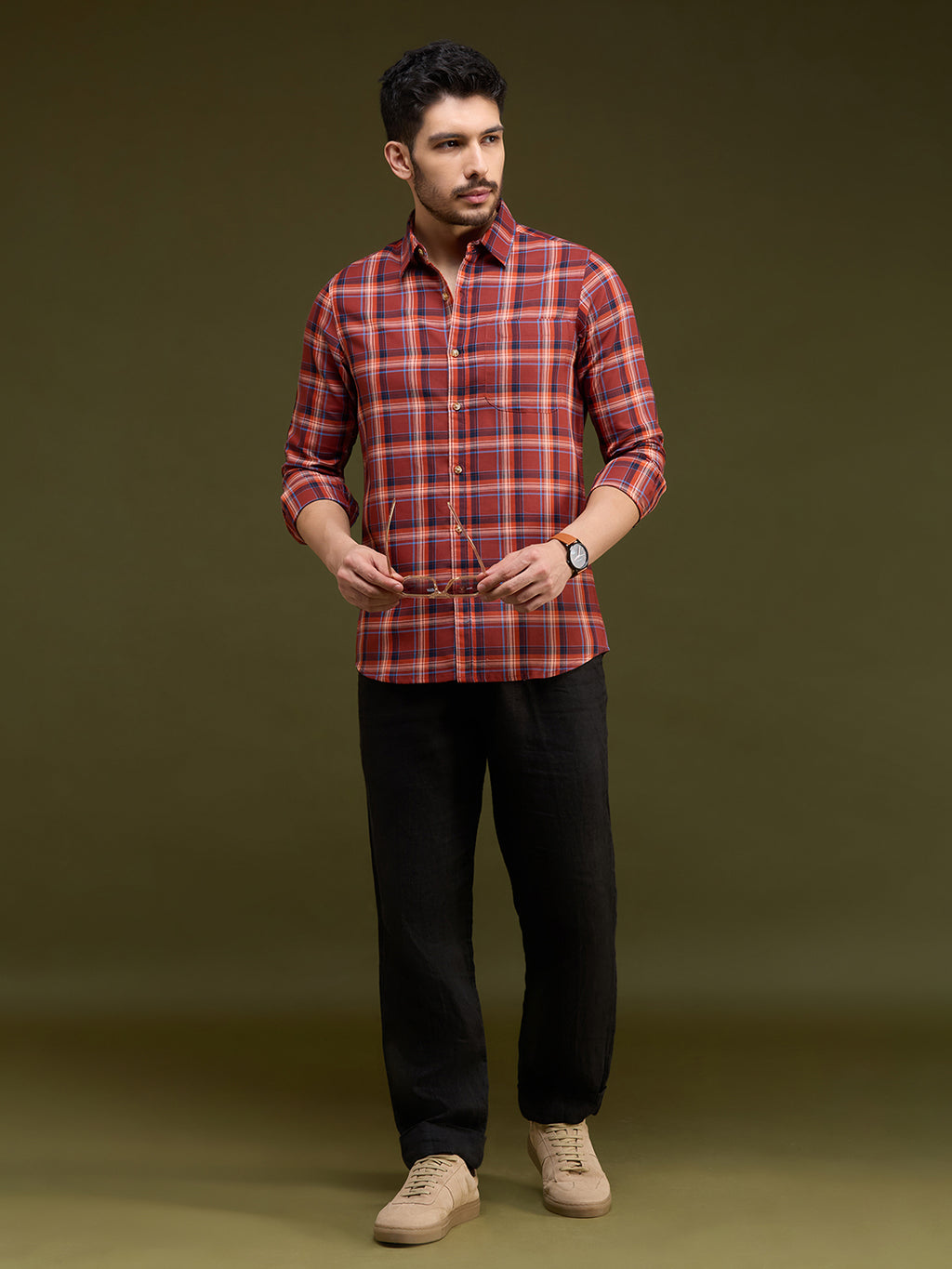 Men Rust Blue 1 Pocket Checkered Long Sleeve Cotton Plus Regular Fit Casual Shirt