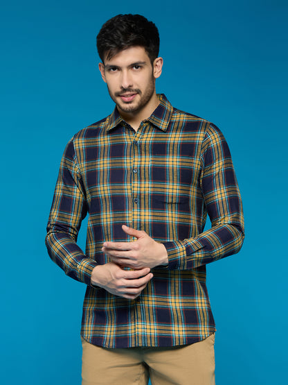 Men Yellow Navy Blue 1 Pocket Checkered Long Sleeve Cotton Regular Fit Casual Shirt