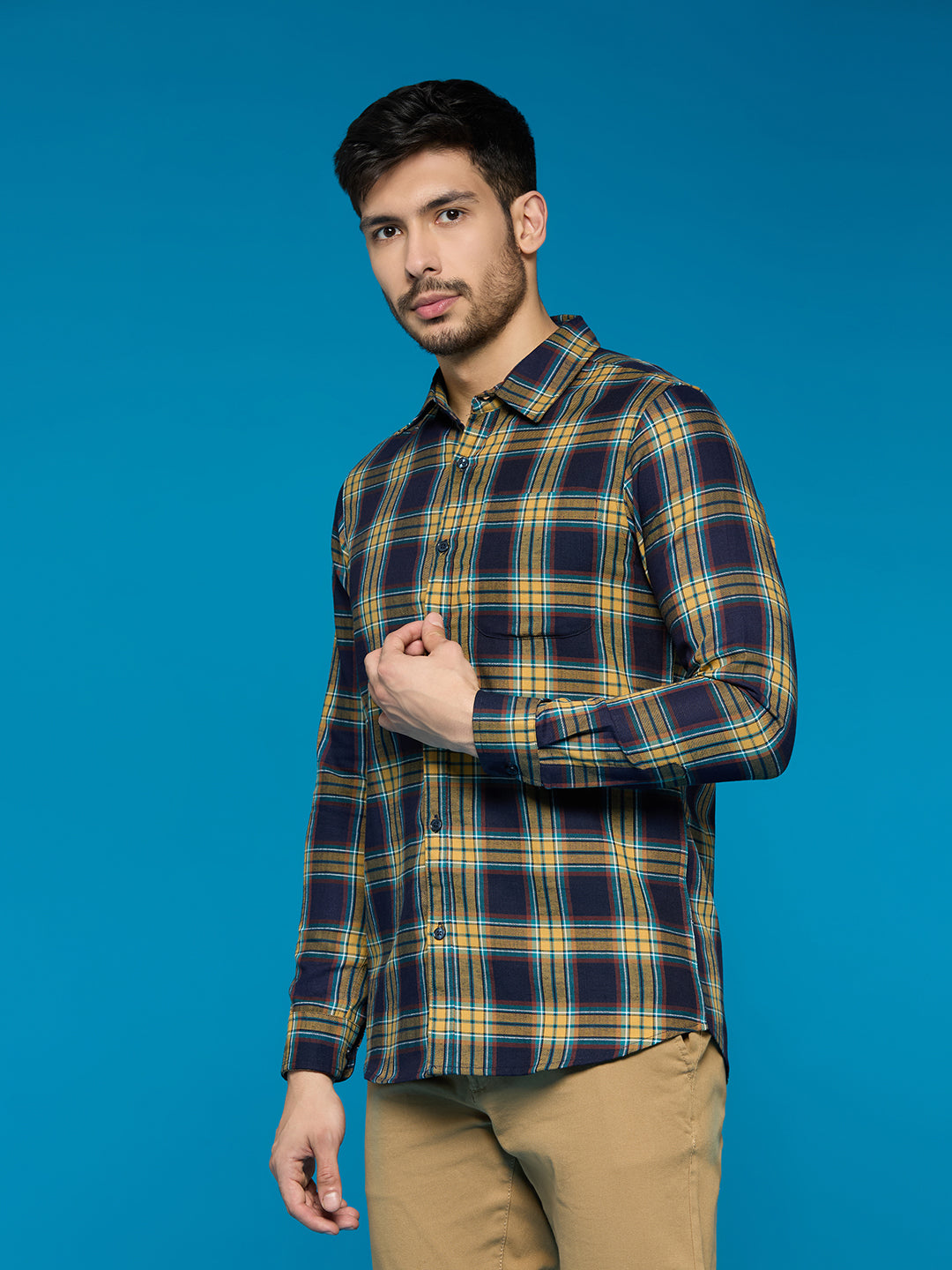 Men Yellow Navy Blue 1 Pocket Checkered Long Sleeve Cotton Regular Fit Casual Shirt Style - 1118-Yellow