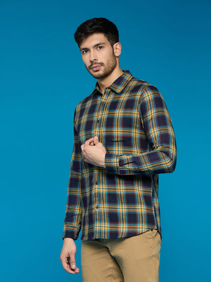 Men Yellow Navy Blue 1 Pocket Checkered Long Sleeve Cotton Regular Fit Casual Shirt