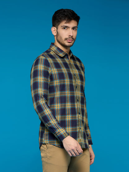 Men Yellow Navy Blue 1 Pocket Checkered Long Sleeve Cotton Regular Fit Casual Shirt