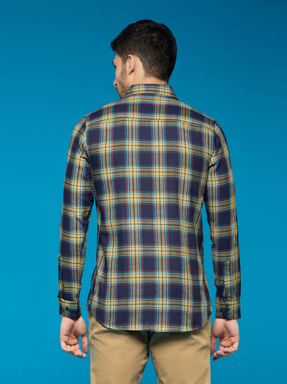 Men Yellow Navy Blue 1 Pocket Checkered Long Sleeve Cotton Regular Fit Casual Shirt
