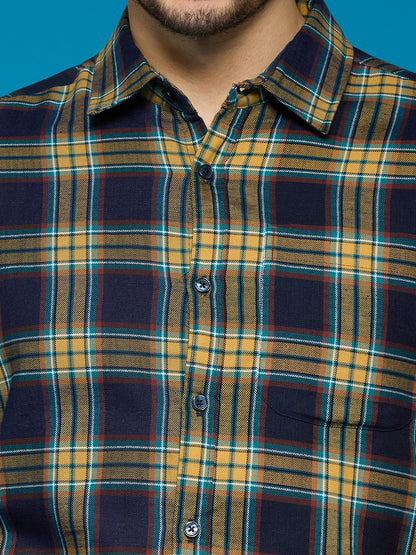 Men Yellow Navy Blue 1 Pocket Checkered Long Sleeve Cotton Regular Fit Casual Shirt