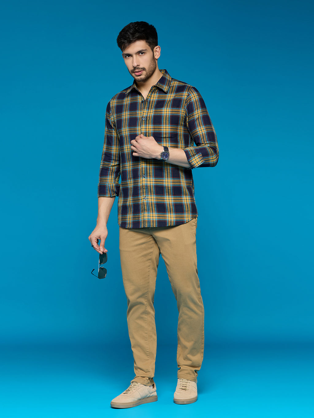 Men Yellow Navy Blue 1 Pocket Checkered Long Sleeve Cotton Regular Fit Casual Shirt Style - 1118-Yellow