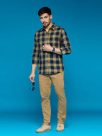 Men Yellow Navy Blue 1 Pocket Checkered Long Sleeve Cotton Regular Fit Casual Shirt Style - 1118-Yellow