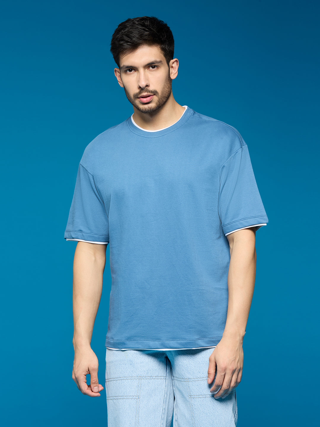 Men Light Blue Oversize Loose Fit Short Sleeve Cotton Loop Knit T Shirt - Style Code- OS-102-BLUE