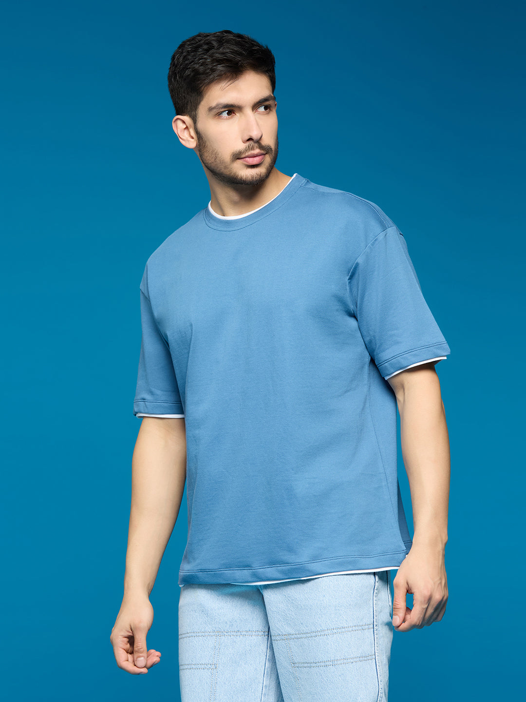 Men Light Blue Oversize Loose Fit Short Sleeve Cotton Loop Knit T Shirt - Style Code- OS-102-BLUE