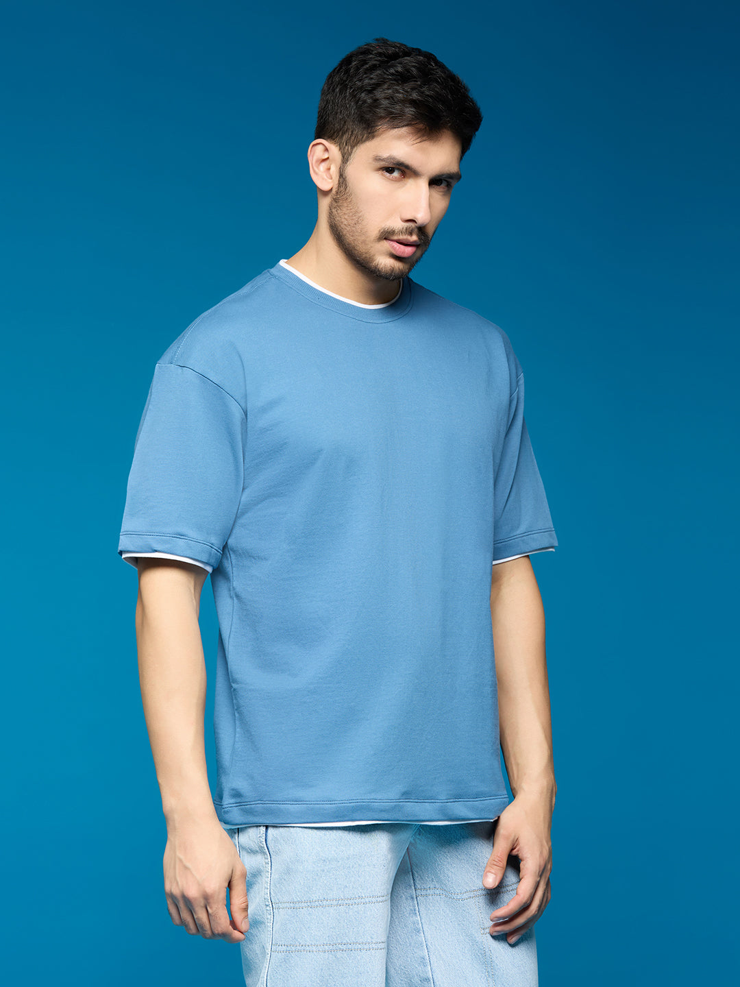Men Light Blue Oversize Loose Fit Short Sleeve Cotton Loop Knit T Shirt - Style Code- OS-102-BLUE