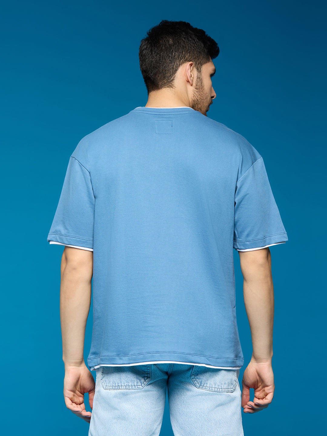 Men Light Blue Oversize Loose Fit Short Sleeve Cotton Loop Knit T Shirt - Style Code- OS-102-BLUE