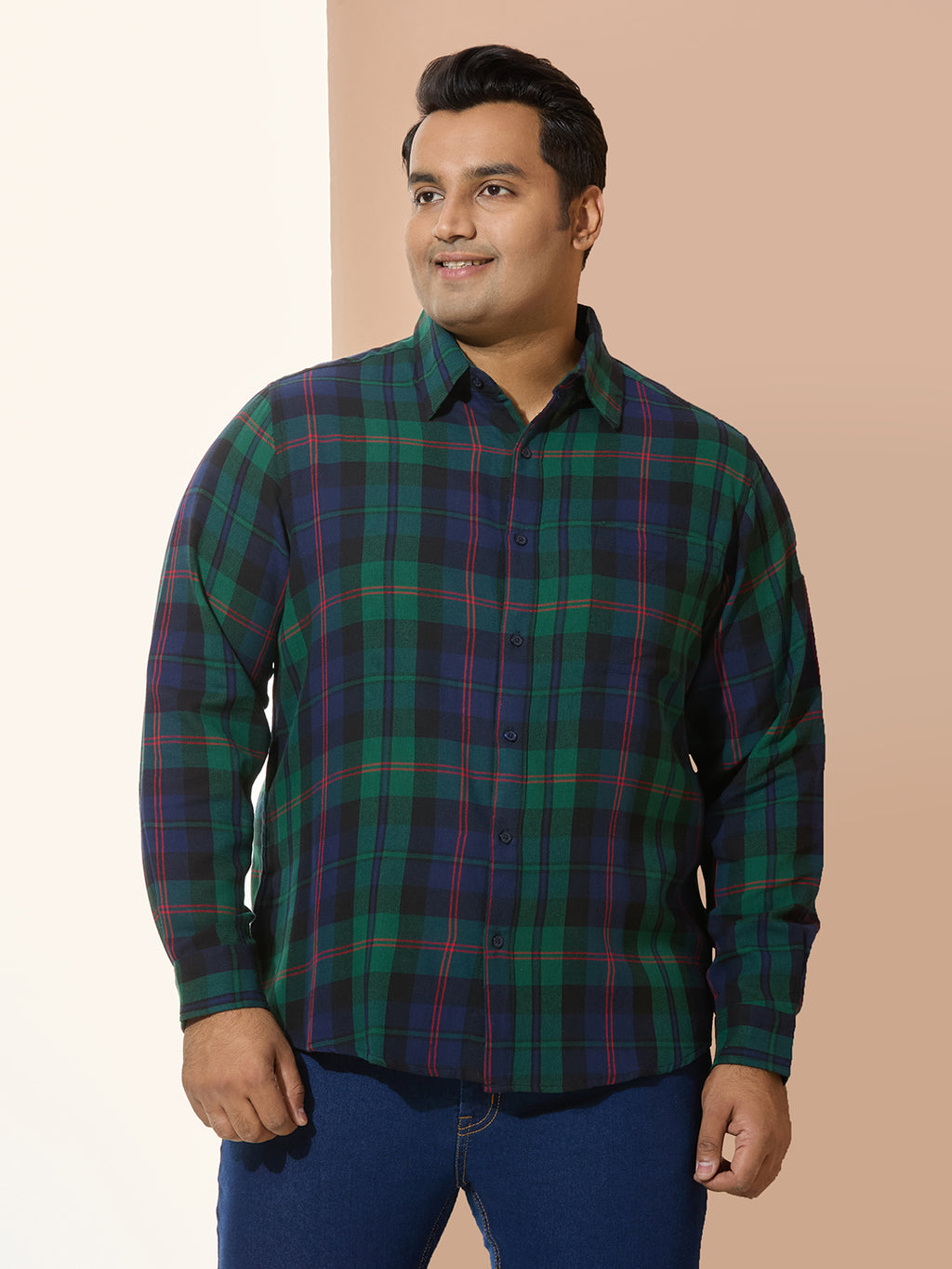 Men Cotton Checks 1 Pocket Regular Fit Smart Casual Shirt - Green