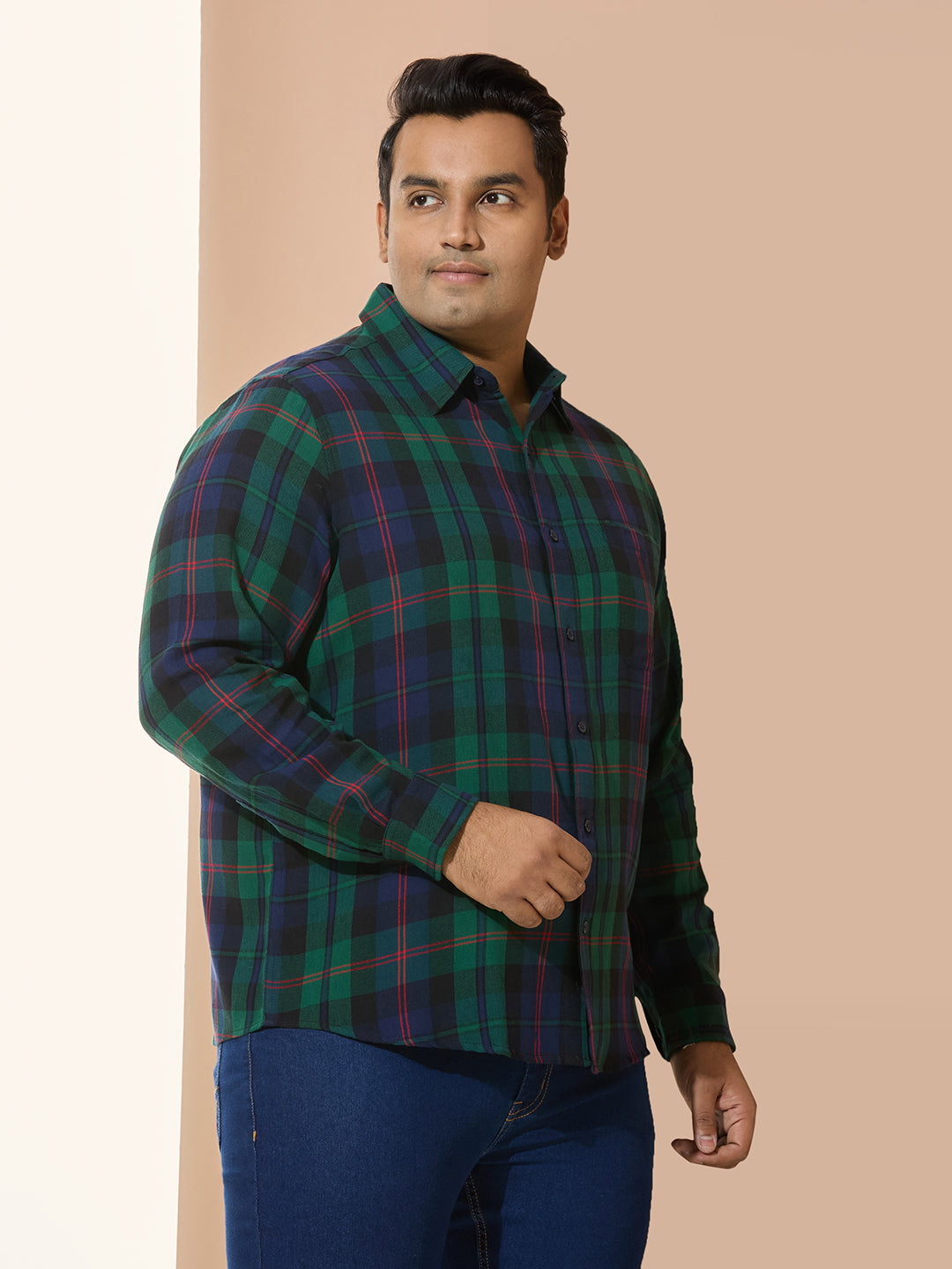 Men Cotton Checks 1 Pocket Regular Fit Smart Casual Shirt - Green